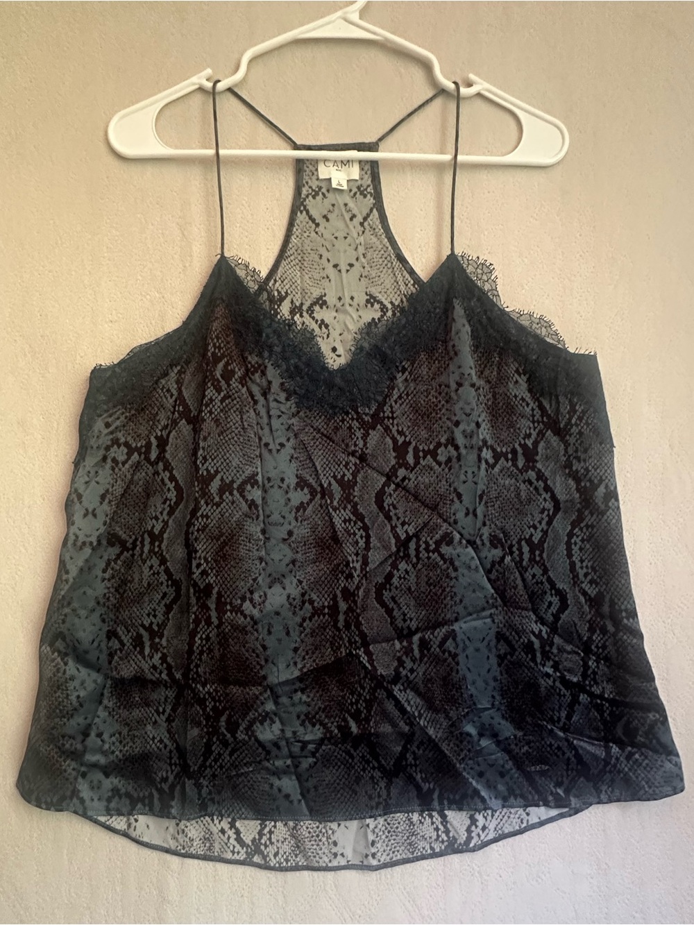 Cami NYC 100% Silk Black Snake-Print Lace Trim Cami Top Sz L
